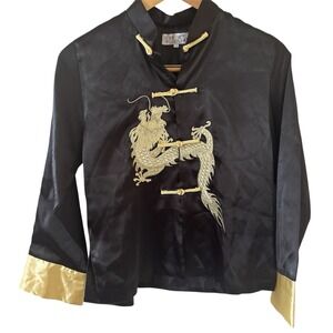 Vtg Chinese Gold Year of the Dragon Men Jacket Silk Size 14 Black‎ Embroidered